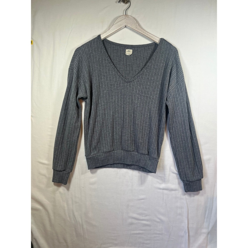 O'Neill Womens Grey Ribbed V-Neck Long Sleeve Sweater Top Size Small